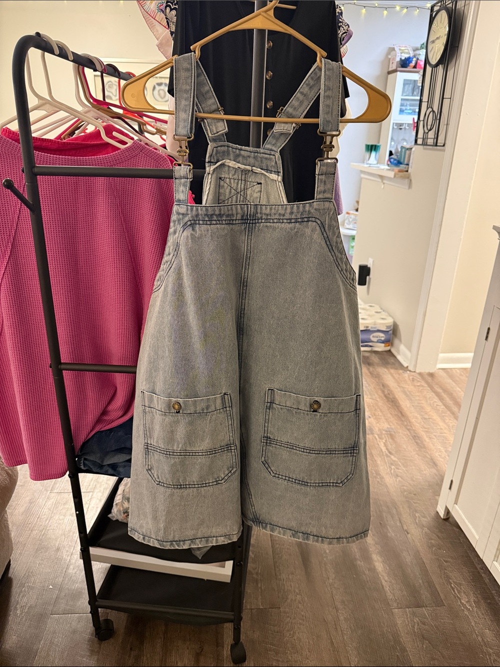 Light Wash Denim Dress Overalls with Front Patch Pockets
